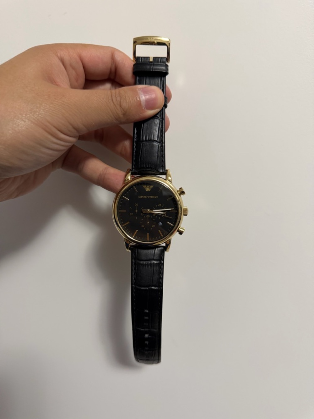 Emporio Armani Black Dial Gold-Tone Case Leather Strap Watch